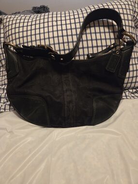 Coach Black Signature Canvas Shoulder Hobo with Gold Hardware